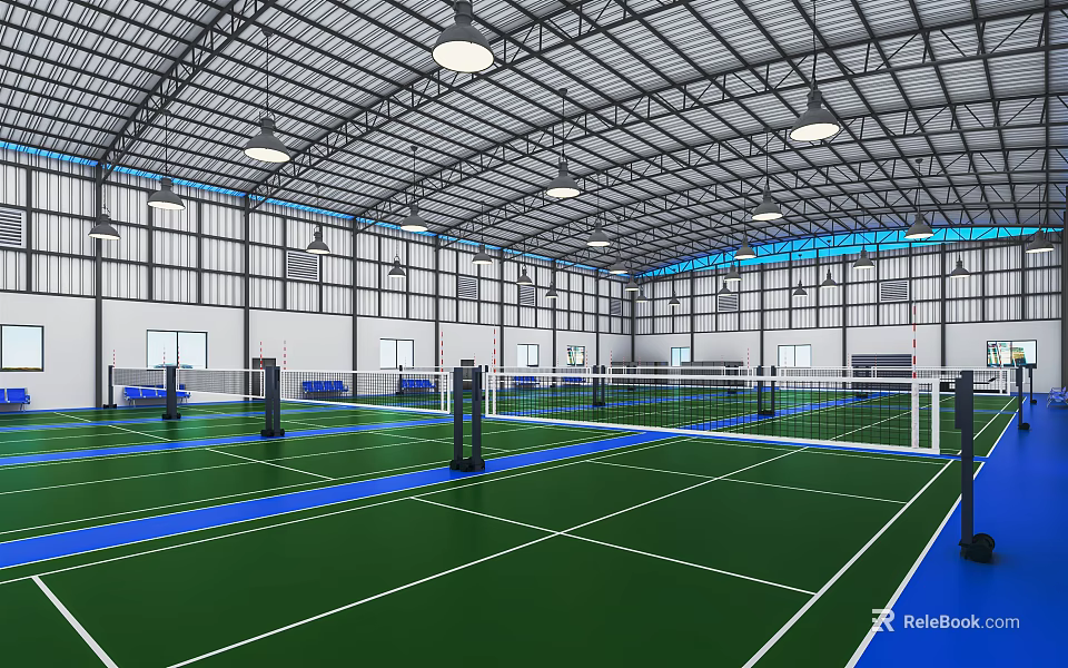Spacious Indoor Badminton Courts for Fitness Training with Green Flooring Blue Lines and Ceiling Lights 3d model 