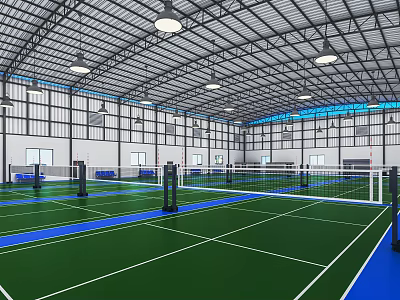 Spacious Indoor Badminton Courts for Fitness Training with Green Flooring Blue Lines and Ceiling Lights 3d model