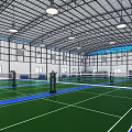 Spacious Indoor Badminton Courts for Fitness Training with Green Flooring Blue Lines and Ceiling Lights