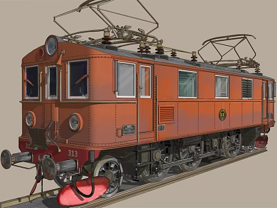 Vintage Orange Electric Train With Round Front Headlights Number Emblem And Visible Wheels On Tracks 3d model