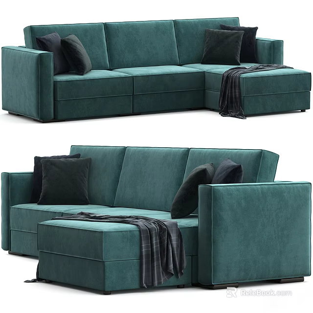 Modern Teal Sectional Sofa With Black Pillows And Throw Blanket 3d model