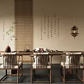 Chinese Style Tea Table and Chairs with Tea Set Green Plant Calligraphy and Lantern