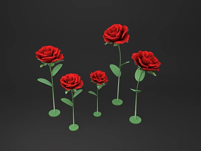 Five Red Roses With Green Stems Arrangement On Dark Background 3d model