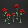 Five Red Roses With Green Stems Arrangement On Dark Background 3d model