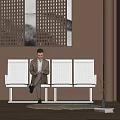 Public Chair With Metal Grid Design In Indoor Lobby With Man Sitting