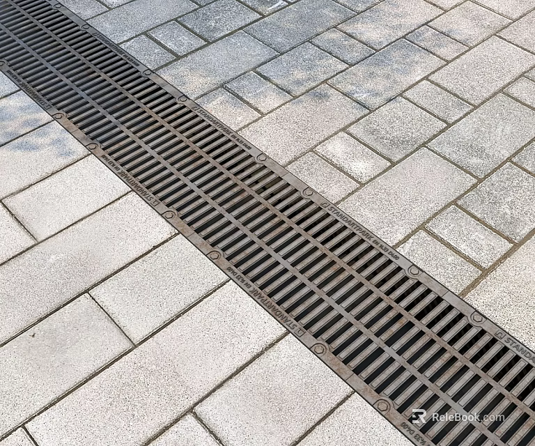 Outdoor Long Metal Drainage Grate On Gray Stone Paver Walkway Surface 3d model 