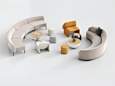 Modern Leisure Sofa Combination with Curved Beige Sectional Orange Chair Gray Stools and Coffee Tables 3d model