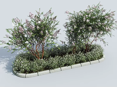 Lush Flowering Shrubs with Pink and White Blooms in Stone Edged Garden Bed 3d model