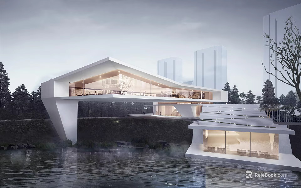 Modern Architectural Structure By Water With Natural Scenery And Cityscape 3d model 