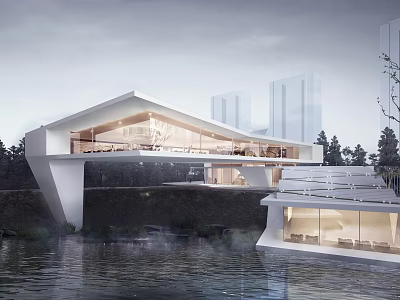 Modern Architectural Structure By Water With Natural Scenery And Cityscape 3d model