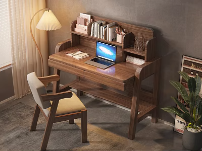 Wooden Home Office Desk With Laptop Books Stationery And Comfortable Chair Near Window 3d model