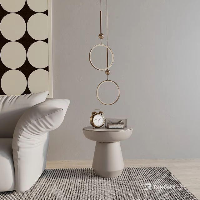 Modern Side Table With Alarm Clock Next To White Sofa And Circular Pendant 3d model