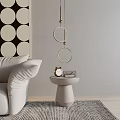 Modern Side Table With Alarm Clock Next To White Sofa And Circular Pendant 3d model