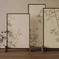 Three Bamboo Patterned Screens With Wooden Frames And Small Potted Plant 3d model