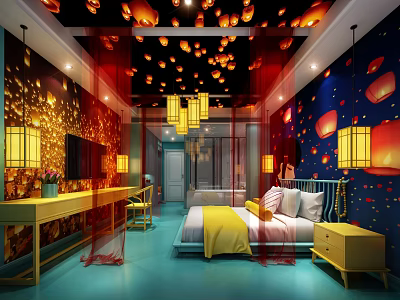 Traditional Chinese Hotel Guest Room With Red Lanterns Blue Walls Golden Decor And Bed 3d model