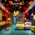 Traditional Chinese Hotel Guest Room With Red Lanterns Blue Walls Golden Decor And Bed