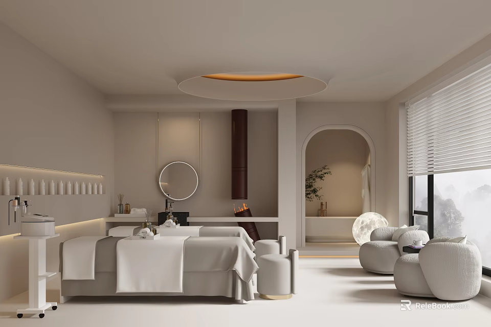 Elegant SPA Sauna Interior Design Featuring White Massage Beds Round Ceiling Light And Plush Seating 3d model