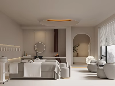 Elegant SPA Sauna Interior Design Featuring White Massage Beds Round Ceiling Light And Plush Seating 3d model