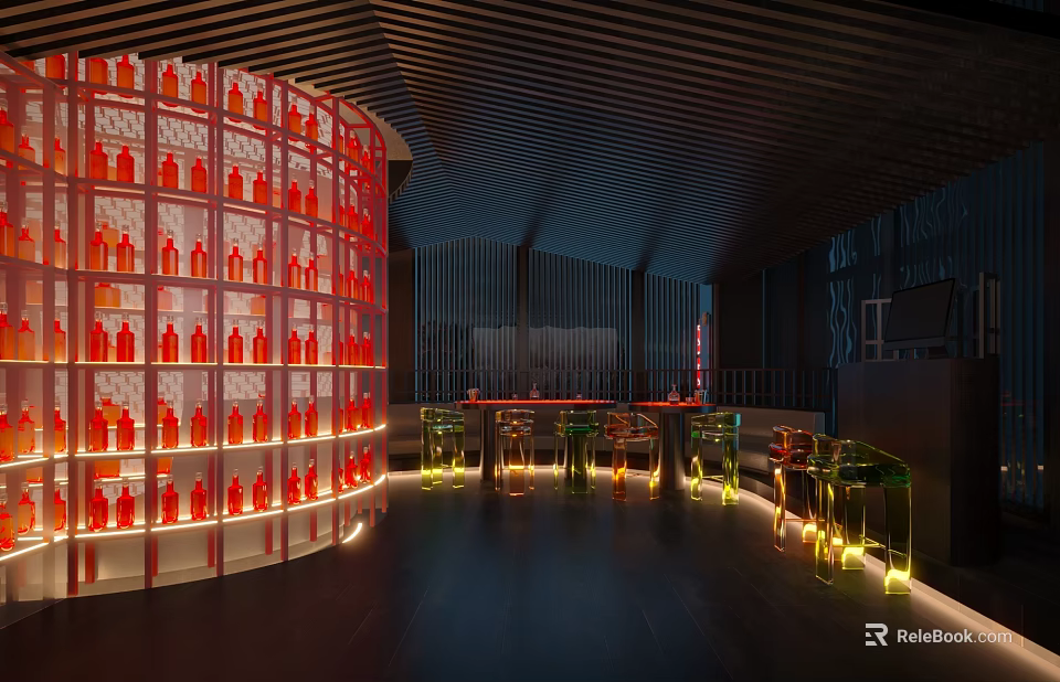 Modern KTV Interior With Circular Red Wine Bottle Rack Bar Counter Green Seats And City Night View 3d model 