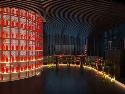 Modern KTV Interior With Circular Red Wine Bottle Rack Bar Counter Green Seats And City Night View 3d model