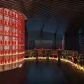 Modern KTV Interior With Circular Red Wine Bottle Rack Bar Counter Green Seats And City Night View