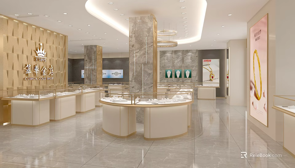 Luxury Jewelry Store Interior With Marble Pillars Chandeliers And Round Display Counters 3d model 