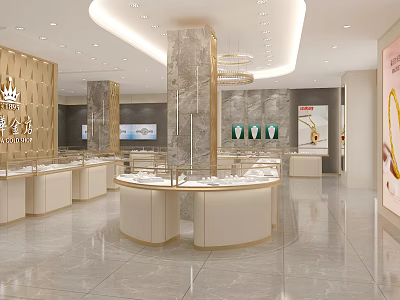 Luxury Jewelry Store Interior With Marble Pillars Chandeliers And Round Display Counters 3d model