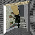 Stone Stairs In Garden With Wooden Barrel Planters And Pond Water Lily Red Flower