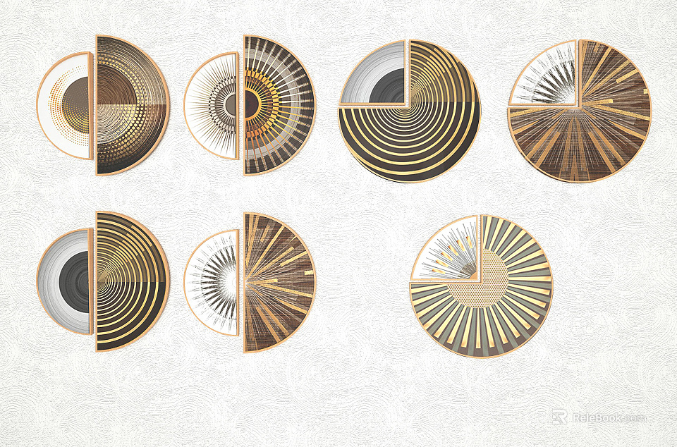 Modern Round Framed Paintings With Geometric Patterns Gold And Black Lines Wall Art 3d model 