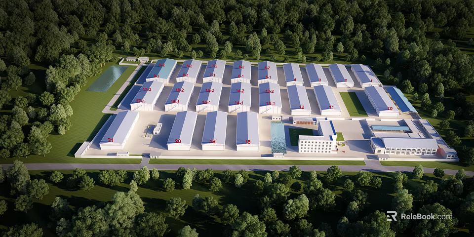 Modern Industrial Factory Complex With Multiple Buildings Surrounded by Green Trees 3d model