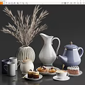 Stylish Ceramic Tea Set with Purple Teapot White Pitcher Pastries and Decorative Pampas Grass Vase