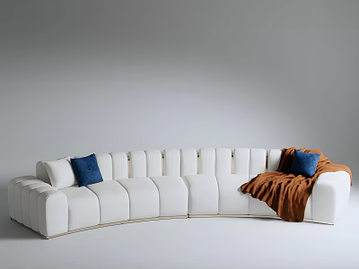 Modern White Irregular Sofa With Curved Design Blue Cushions And Brown Blanket 3d model
