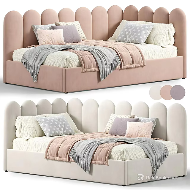 Stylish Kids Bed With Pink And White Scalloped Padded Headboard Soft Pillows And Cozy Blankets 3d model 