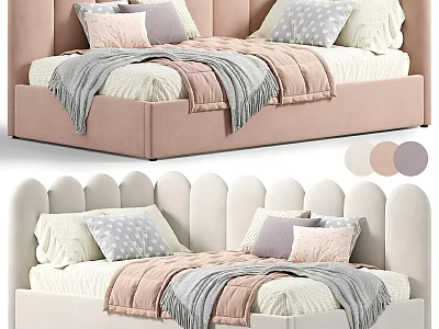 Stylish Kids Bed With Pink And White Scalloped Padded Headboard Soft Pillows And Cozy Blankets 3d model