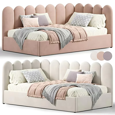 Stylish Kids Bed With Pink And White Scalloped Padded Headboard Soft Pillows And Cozy Blankets 3d model