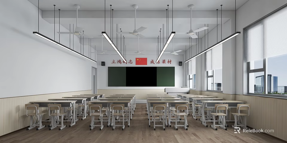 School Classroom Interior With Desks Chairs Blackboard National Flag Slogan Ceiling Fans And Strip Lights 3d model 