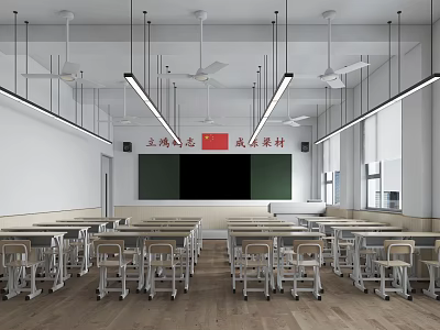 School Classroom Interior With Desks Chairs Blackboard National Flag Slogan Ceiling Fans And Strip Lights 3d model