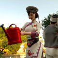 Two People In Traditional Costumes Watering And Trimming Plants In Garden