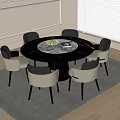 Elegant Modern Round Dining Table And Chairs Set With Beige Black Seats And Fruit Plate