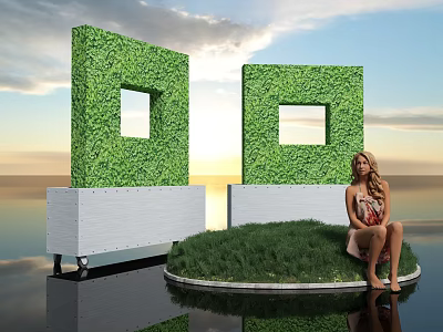 Green Plant Wall With Square Openings On White Bases By Waterfront At Sunset 3d model