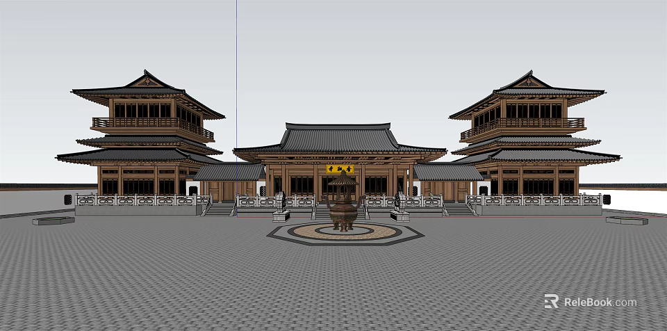 Traditional Ancient Chinese Architecture Featuring Wooden Structures Courtyard Overhanging Eaves And Curved Roofs 3d model 