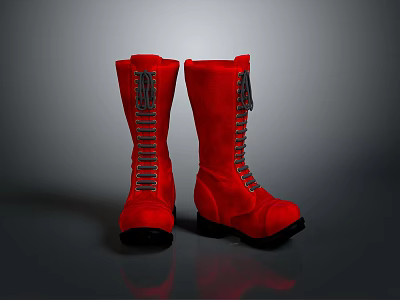 Red Velvet Tall Boots With Gray Laces And Black Soles For Daily Wear 3d model