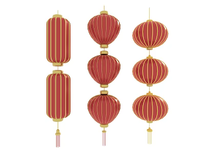 Traditional Chinese Red Lanterns with Gold Accents Hanging Decorative Ornaments 3d model
