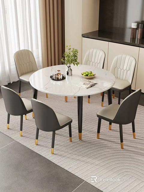Elegant Round Dining Table Marble Top With Six Chairs Golden Legs Green Plant And Fruits 3d model 