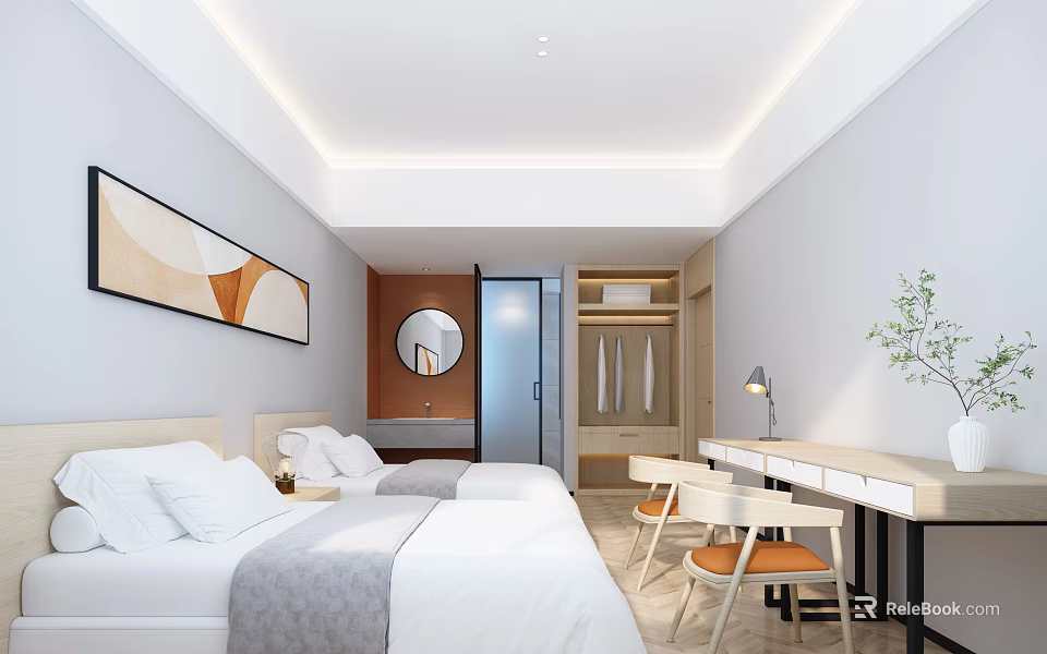 Modern Hotel Guest Room With Twin Beds Desk Chairs Decorative Painting And Wardrobe 3d model 