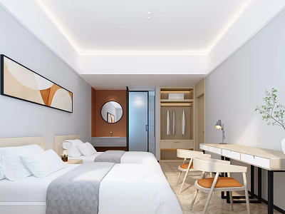 Modern Hotel Guest Room With Twin Beds Desk Chairs Decorative Painting And Wardrobe 3d model