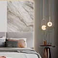 Modern Bedroom Interior With Grey Headboard Pillows Nightstand And Marble Wall Art