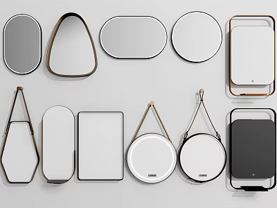 Various Shapes And Modern Designed Mirrors Arranged On White Background For Home Decor 3d model