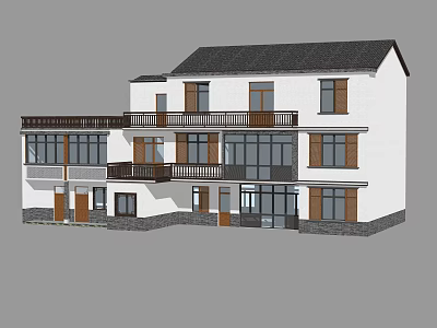 Rural Self built House Two Story White Exterior Walls Dark Roof Balcony Large Windows 3d model