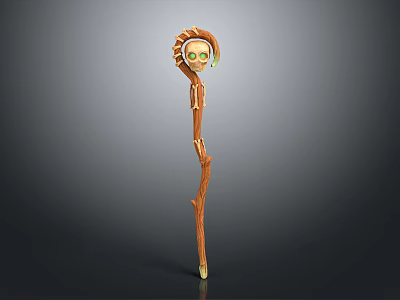 Fantasy Wooden Magic Staff With Skull Head Decoration And Green Eyes 3d model
